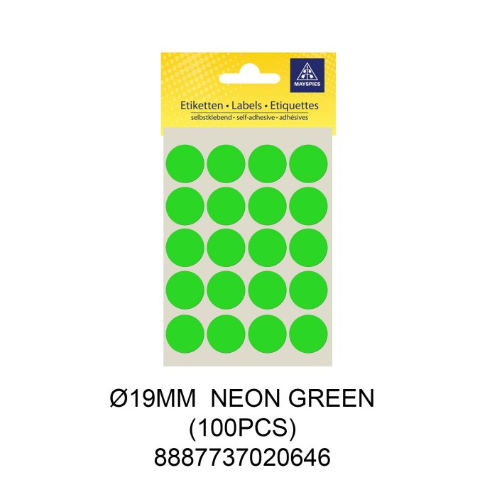 MAYSPIES MS019 COLOUR DOT LABEL / 5 SHEETS/PKT / 100PCS / ROUND 19MM NEON GREEN